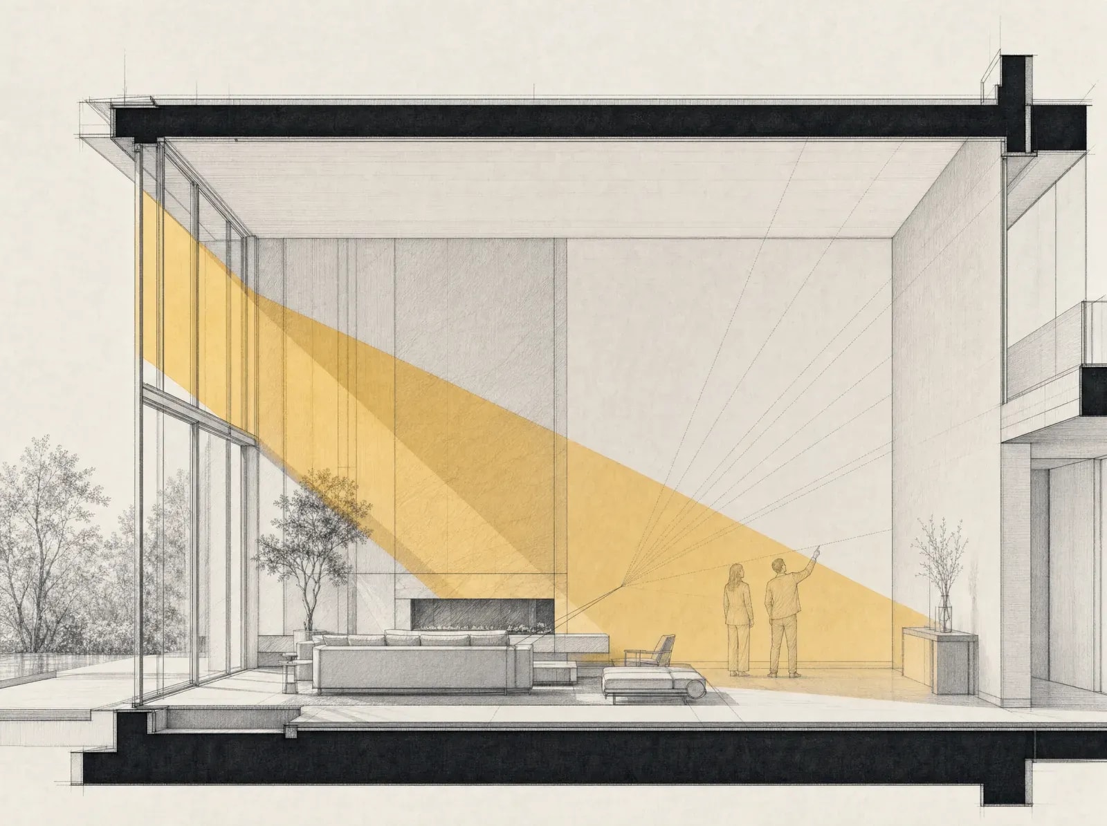 Section drawing: two people studying sightlines to a blank feature wall in daylight.
