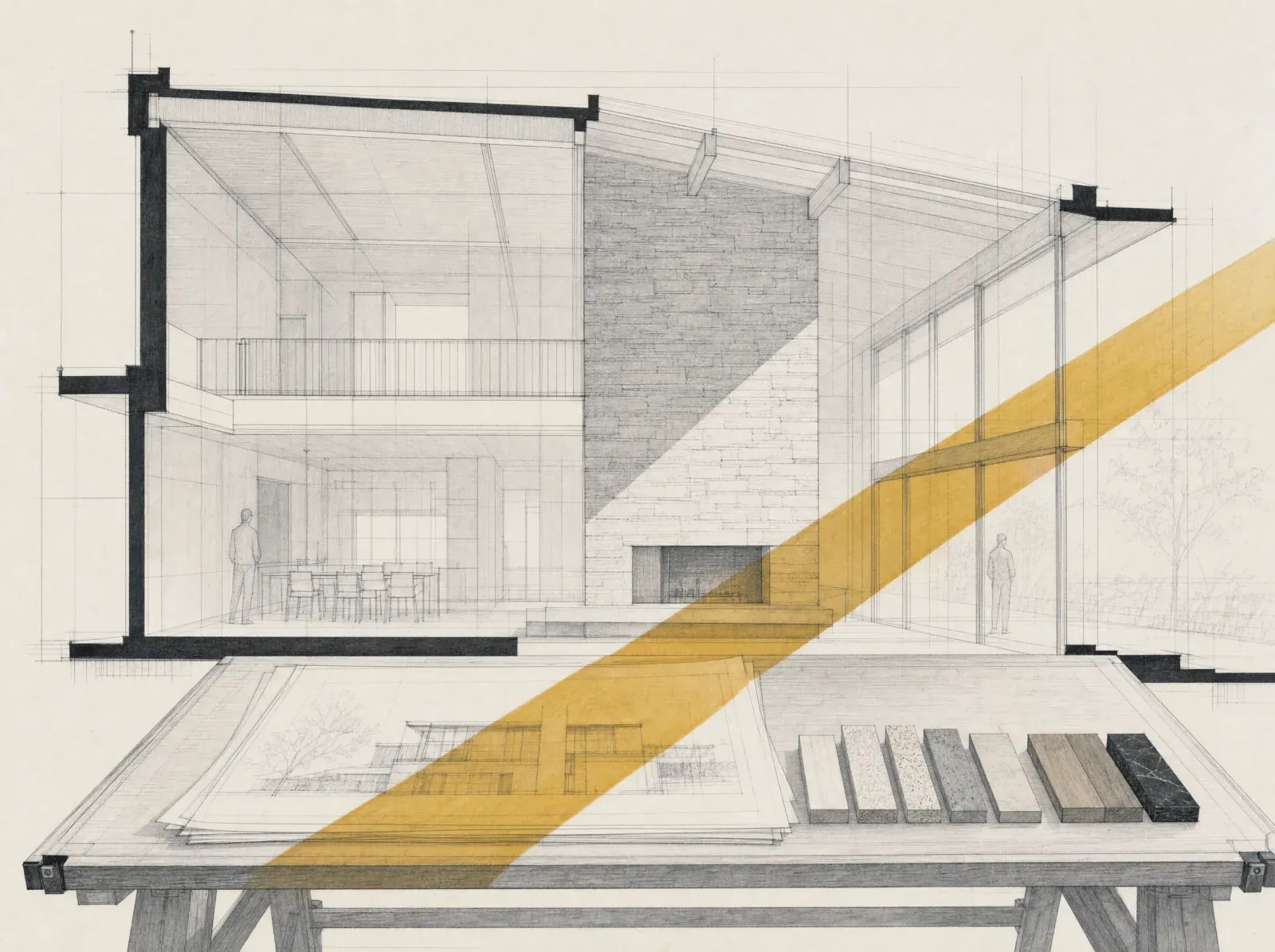 Section drawing: a drafting table of elevations and material samples before an unbuilt room.