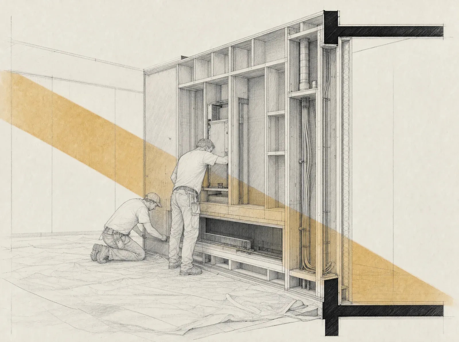 Section drawing: the feature wall cut open showing studwork, conduit and ventilation while two craftsmen work.