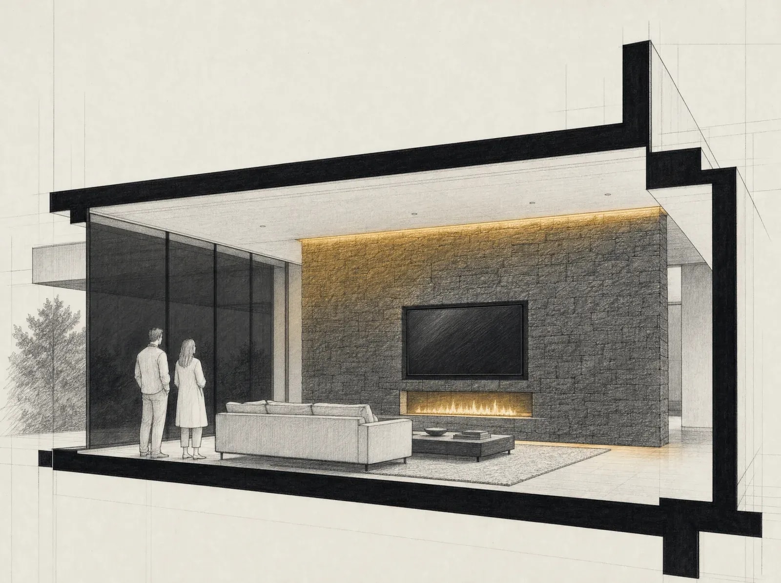 Section drawing: the finished stone feature wall lit at evening, television glowing, room dressed.