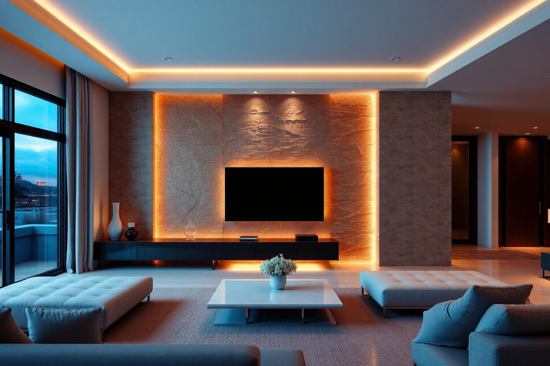 Luxury black and gold TV wall with marble and fireplace
