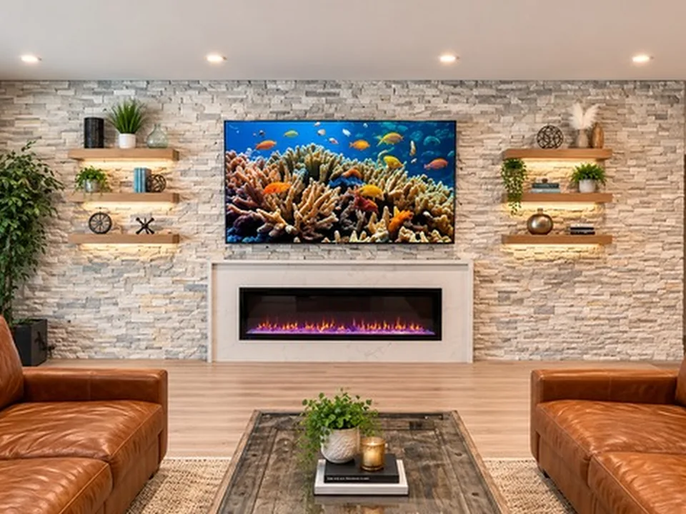 Light stacked stone wall with a mounted television, linear fireplace in a white surround and backlit floating wood shelves, facing two leather sofas