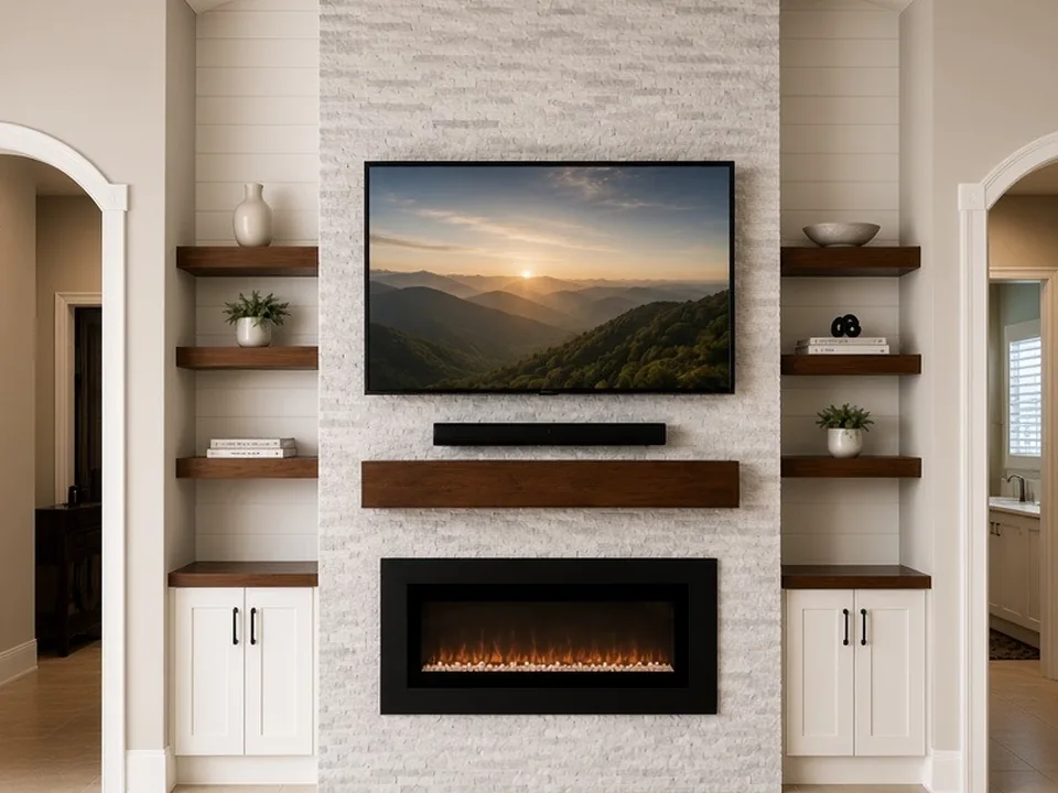 White stacked stone column with a wall-mounted television, walnut mantel and linear electric fireplace, flanked by floating walnut shelves and white base cabinets between two arched doorways